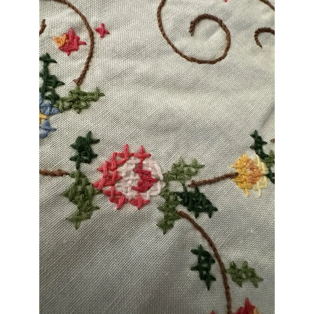 Vintage Hand Embroidered Cross Stitch Tablecloth Crochet Lace Insert 64x75”